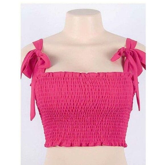 Kamissy Smocked Frilly Crop Tank Top Tie Shoulder Strap Size Large 8 377 - Picture 1 of 6